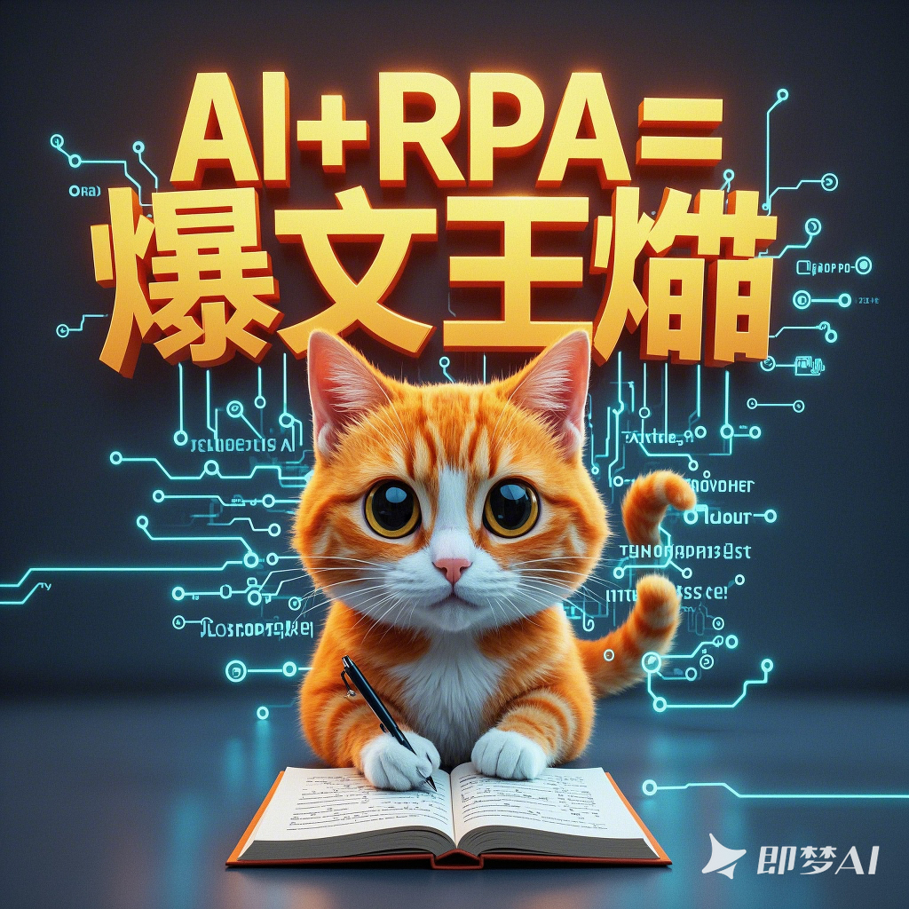 只橘色的AI科技猫 在写作，头顶上方写着1行字 _AI+RPA = 爆文王炸_